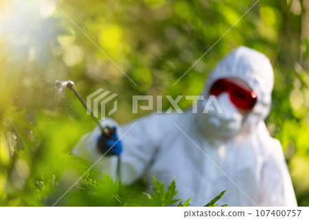 A worker sprays pesticides in an outdoor park. Pest control A worker sprays pesticides in an outdoor park. Pest control 107400757