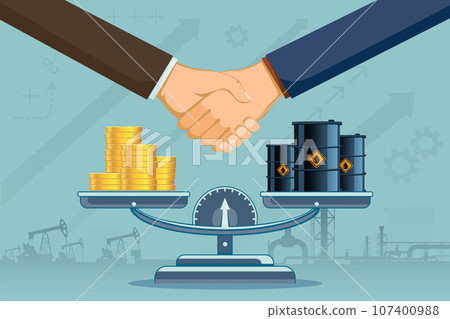 Weighing scales with oil barrels and money Weighing scales with oil barrels and money 107400988
