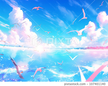 clouds and birds floating in the blue sky - Stock Illustration ...