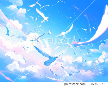 A flock of birds flying in the blue sky 107401148