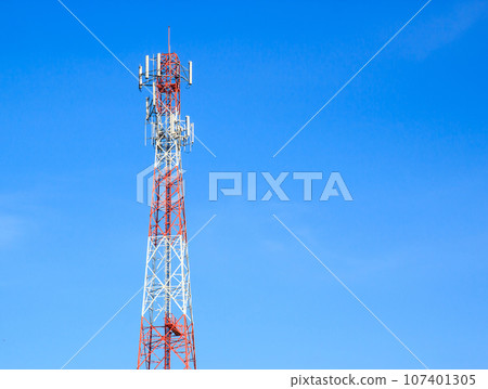 Telecommunication tower with blue sky background Telecommunication tower with blue sky background 107401305