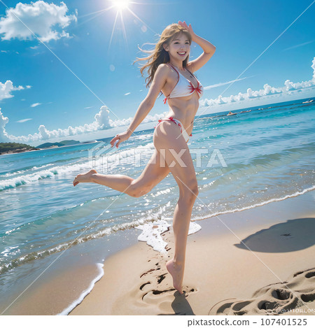 A woman in a bikini swimsuit running on a beach in the Maldives AI image AI created photo A woman in a bikini swimsuit running on a beach in the Maldives AI image AI created photo 107401525