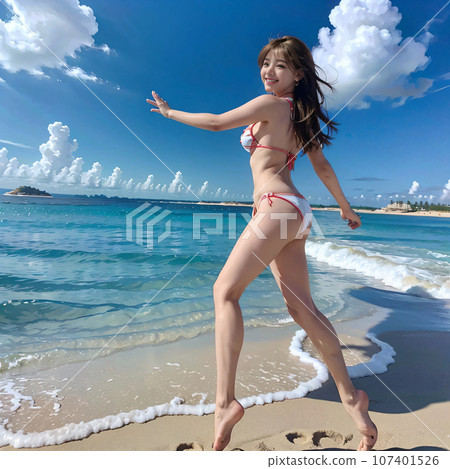 一位穿著比基尼泳裝的女人在馬爾地夫的海灘上奔跑 AI 圖像 AI 創建的照片 一位穿著比基尼泳裝的女人在馬爾地夫的海灘上奔跑 AI 圖像 AI 創建的照片 107401526