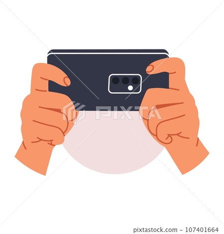 hands holding phone. Scrolling smartphone, app mail, application photo. cellphone camera. Flat vector illustration 107401664