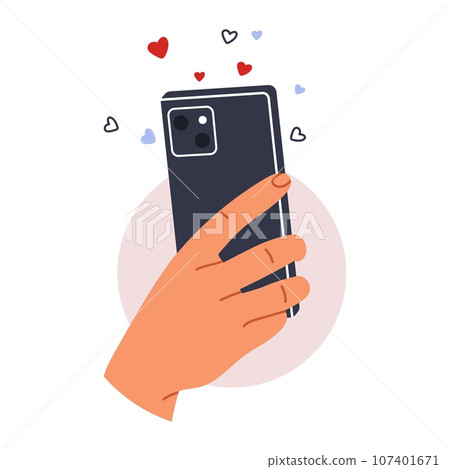 hands holding phone. Scrolling smartphone, app mail, application photo. cellphone camera. Flat vector illustration hands holding phone. Scrolling smartphone, app mail, application photo. cellphone camera. Flat vector illustration 107401671