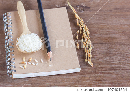 Wheat and rice on notebook with pencil on wood table Wheat and rice on notebook with pencil on wood table 107401834