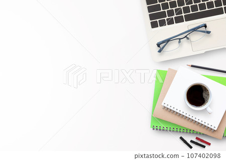 Cup of coffee with office tools on white background 107402098