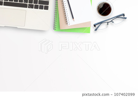 Cup of coffee with office tools on white background 107402099