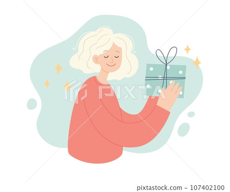 Woman with Christmas present. Festive winter concept. Vector illustration in simple style 107402100
