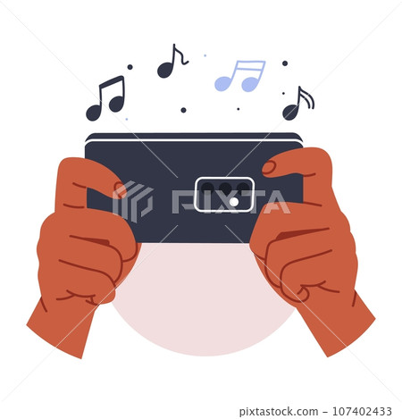 hands holding phone. Scrolling smartphone, app mail, application photo. cellphone camera. Flat vector illustration hands holding phone. Scrolling smartphone, app mail, application photo. cellphone camera. Flat vector illustration 107402433
