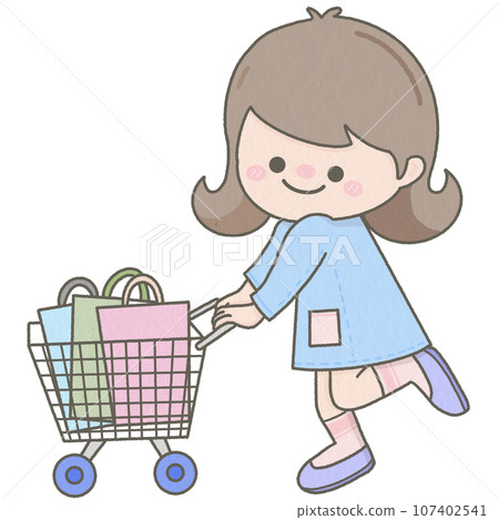 Little cute woman with shopping cart 107402541
