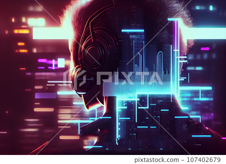 Woman DJ in cyberpunk neon style headphones with equalizer hologram. Sound beats techno musical concept background. 107402679
