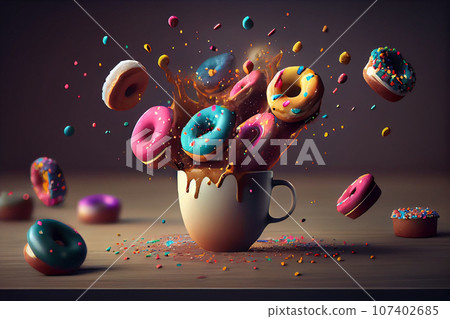 Flying and falling sweet colored buns and a blue cup of coffee on a black background. Breakfast concept. 107402685