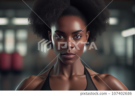 Portrait of confident young woman standing in gym. African female fitness model looking at camera. 107402686