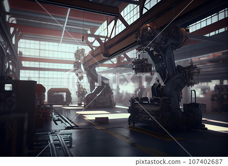 Car Factory automation Concept: Automated Robot Arm Assembly Line Manufacturing. Car Factory Digitalization Industry 4.0 5G IOT Concept: Automated Robot Arm Assembly Line Manufacturing High-Tech 107402687