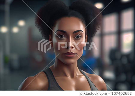 Portrait of confident young woman standing in gym. African female fitness model looking at camera. Portrait of confident young woman standing in gym. African female fitness model looking at camera. 107402692