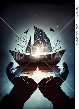 Hands holding paper boat with a person in boat. Dream and goal concept. Dream big, set goals, take action.  107402693