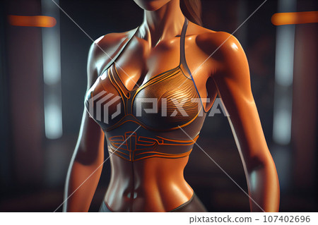 Fitness woman torso in sports clothing looking down. Young female model with muscular body in futuristic style with neon colours 107402696