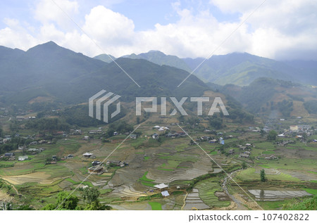 Aerial view of Sapa rice terraces in Vietnam. 107402822