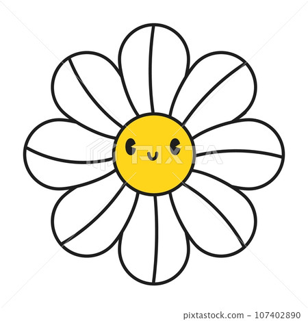 Groovy daisy flowers face collection. Retro chamomile smiles in cartoon style. Happy stickers set from 70s. Vector graphic illustration 107402890