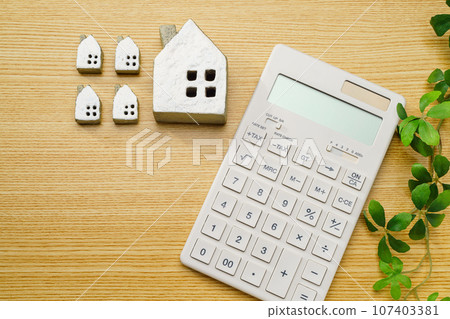Calculator and miniature house 107403381