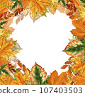 A wreath of bright autumn leaves in watercolor style, on an isolated white background, hand-drawn, botanical painting for print. Elements for the design, a botanical frame in eco-style 107403503