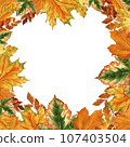 A wreath of bright autumn leaves in watercolor style, on an isolated white background, hand-drawn, botanical painting for design, print, a botanical frame in eco-style. 107403504