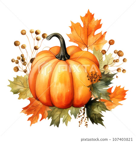 Festive watercolor pumpkin and autumn maple leaves on white background. Generative AI 107403821
