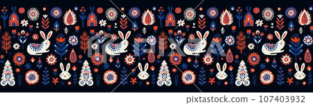 Simple minimalist Scandinavian seamless pattern with banny, forest and flowers Simple minimalist Scandinavian seamless pattern with banny, forest and flowers 107403932