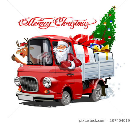 Christmas card with cartoon retro Christmas truck 107404019