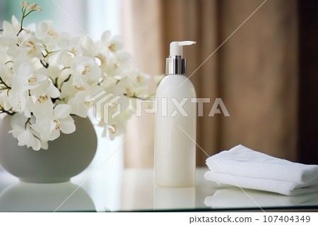 Serum bottle of face skin care lotion product mockup on spa table with orchid flowers. Generative AI 107404349