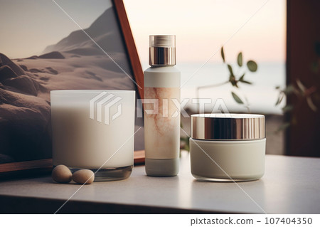 Cream product mockup for spa skin care on table with candle. Generative AI 107404350