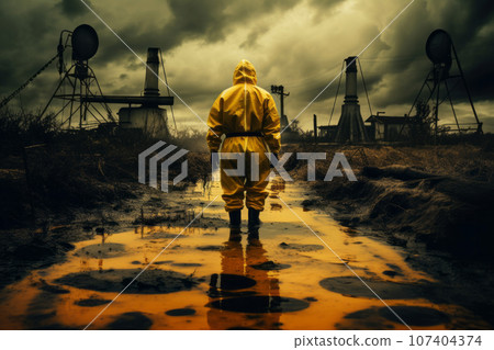 Man dressed in yellow hazardous materials suit standing in deserted city. Generative AI Man dressed in yellow hazardous materials suit standing in deserted city. Generative AI 107404374