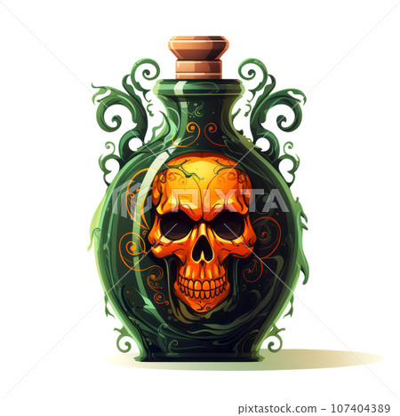 Green glass bottle with chemical poison and scary scull on white background. Generative AI 107404389