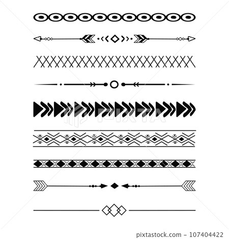 Set tribal ethnic arrow dividers, native indian bow boho in doodle style isolated on white background. Collection borders, decoration elements Set tribal ethnic arrow dividers, native indian bow boho in doodle style isolated on white background. Collection borders, decoration elements 107404422