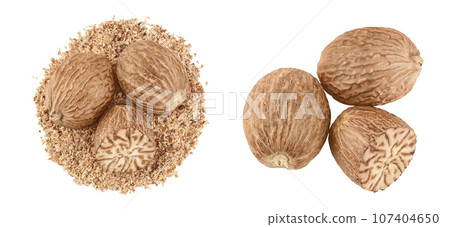 Whole and grated nutmeg isolated on white background with full depth of field. Top view. Flat lay Whole and grated nutmeg isolated on white background with full depth of field. Top view. Flat lay 107404650