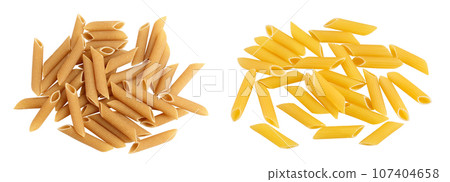 Wolegrain penne pasta from durum wheat isolated on white background with full depth of field. Top view. Flat lay, Wolegrain penne pasta from durum wheat isolated on white background with full depth of field. Top view. Flat lay, 107404658