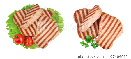 Tuna fish steak grilled isolated on white background with full depth of field. Top view. Flat lay Tuna fish steak grilled isolated on white background with full depth of field. Top view. Flat lay 107404661