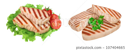 Tuna fish steak grilled isolated on white background with full depth of field Tuna fish steak grilled isolated on white background with full depth of field 107404665