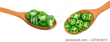 sliced jalapeno pepper in wooden bowl isolated on white background. Green chili pepper . Top view. Flat lay sliced jalapeno pepper in wooden bowl isolated on white background. Green chili pepper . Top view. Flat lay 107404673