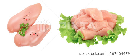 Fresh chicken fillet with parsley isolated on white background with full depth of field. Top view. Flat lay 107404679