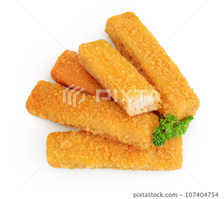 Fish finger or stick with parsley isolated on white background. Top view. Flat lay. 107404754