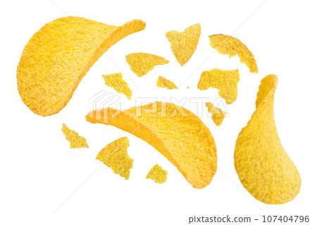 Potato chips isolated on white background with clipping path and full depth of field. Top view. Flat lay. 107404796