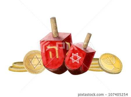 Hanukkah holiday symbols, red dreidels and gold coins gelt watercolor illustration isolated on white background. Hand drawn Chanukkah sevivons horizontal banner Hanukkah holiday symbols, red dreidels and gold coins gelt watercolor illustration isolated on white background. Hand drawn Chanukkah sevivons horizontal banner 107405254