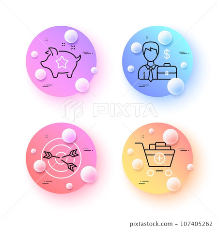 Targeting, Add products and Businessman case minimal line icons. 3d spheres or balls buttons. Loyalty points icons. For web, application, printing. Vector Targeting, Add products and Businessman case minimal line icons. 3d spheres or balls buttons. Loyalty points icons. For web, application, printing. Vector 107405262