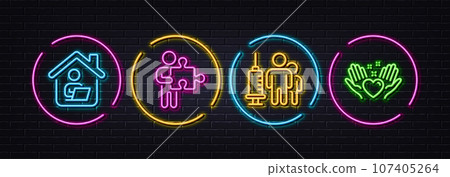 Medical vaccination, Puzzle and Work home minimal line icons. Neon laser 3d lights. Hold heart icons. For web, application, printing. Syringe vaccine, Human with puzzle, Freelance work. Vector 107405264