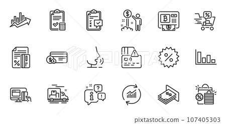 Outline set of Discount, Credit card and Histogram line icons for web application. Talk, information, delivery truck outline icon. Include Payment method, Shopping bags, Income money icons. Vector 107405303