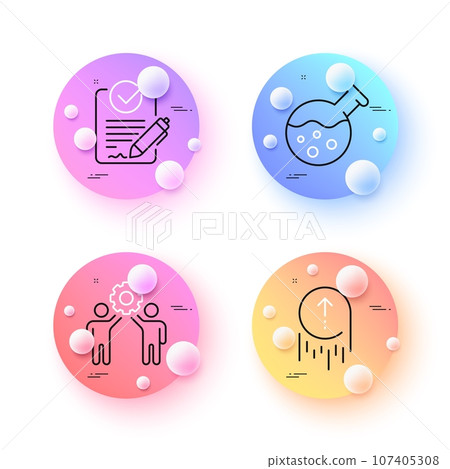 Employees teamwork, Chemistry lab and Swipe up minimal line icons. 3d spheres or balls buttons. Rfp icons. For web, application, printing. Collaboration, Laboratory, Scrolling page. Vector Employees teamwork, Chemistry lab and Swipe up minimal line icons. 3d spheres or balls buttons. Rfp icons. For web, application, printing. Collaboration, Laboratory, Scrolling page. Vector 107405308