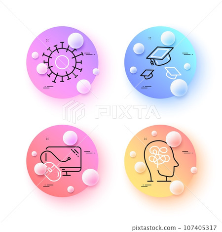 Stress, Coronavirus and Computer mouse minimal line icons. 3d spheres or balls buttons. Throw hats icons. For web, application, printing. Mind anxiety, Infection, Pc component. Vector Stress, Coronavirus and Computer mouse minimal line icons. 3d spheres or balls buttons. Throw hats icons. For web, application, printing. Mind anxiety, Infection, Pc component. Vector 107405317