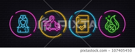 Delivery truck, Hospital nurse and Approved checklist minimal line icons. Neon laser 3d lights. Hot loan icons. For web, application, printing. Vector Delivery truck, Hospital nurse and Approved checklist minimal line icons. Neon laser 3d lights. Hot loan icons. For web, application, printing. Vector 107405450